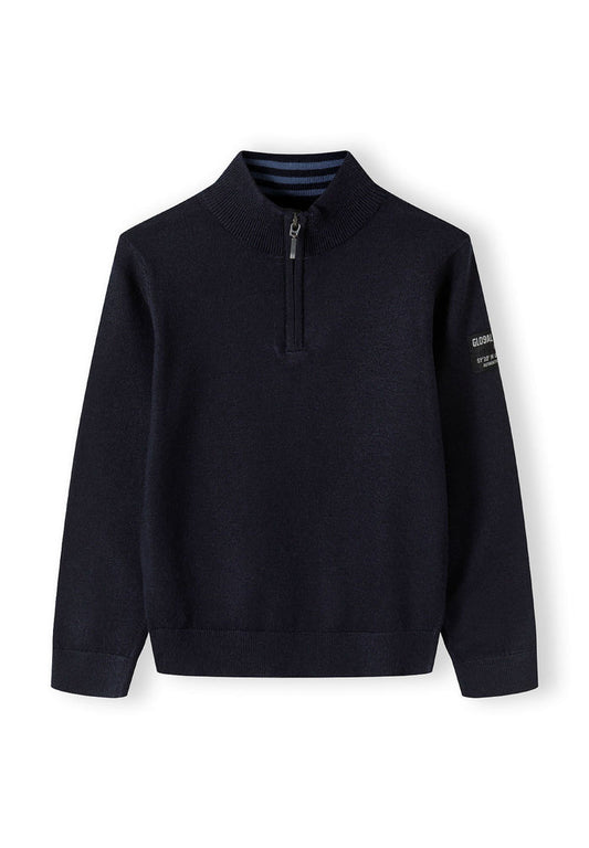 Boys half zip jumper in navy with stand collar and ribbed cuffs, front view.