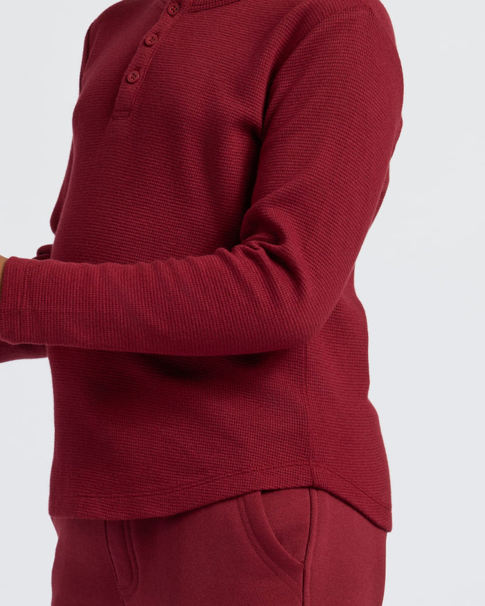 Boys' Dark Maroon Long Sleeve Waffle Henley with casual sweatpants.