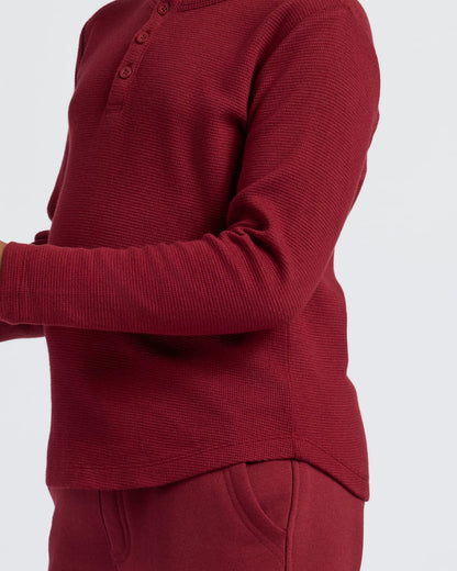 Boys' Dark Maroon Long Sleeve Waffle Henley with casual sweatpants.