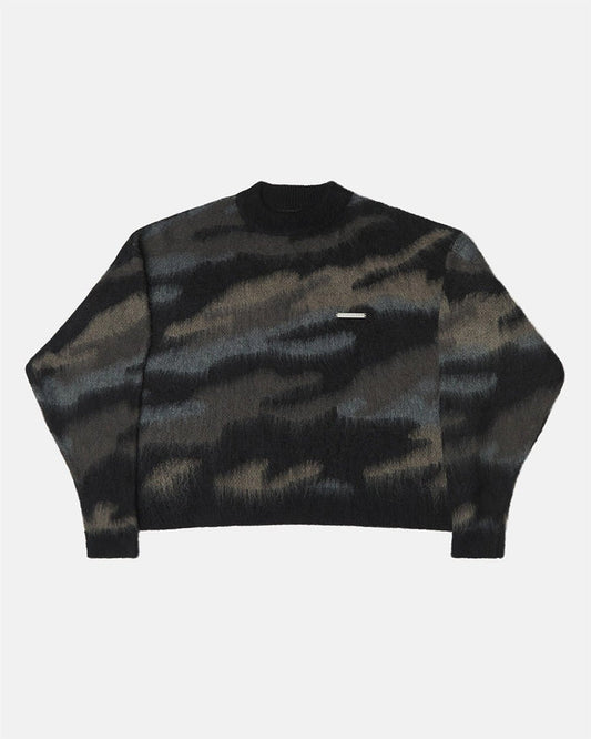 CAMO KNITWEAR DARK BROWN - dark brown camo knit sweater, front view - Cold Culture