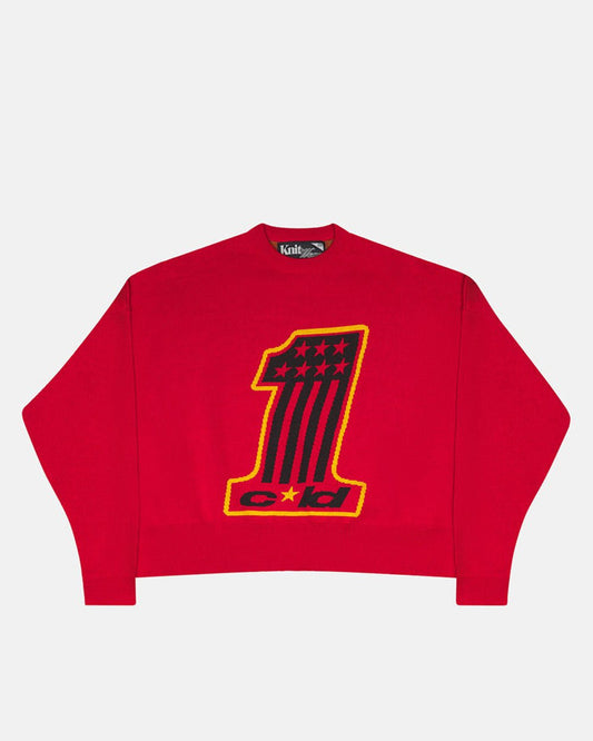 CHAMPIONS CLUB KNIT VIVID RED - red graphic knit sweater, front view - Cold Culture