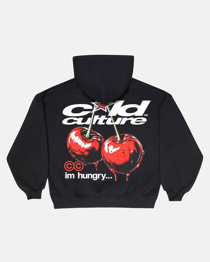 CHERRY HOODIE BLACK - black graphic print hoodie, back view - Cold Culture