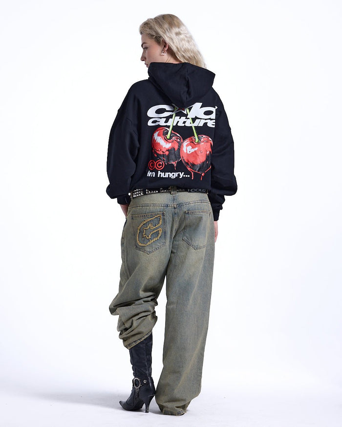 CHERRY HOODIE BLACK - black graphic print hoodie, back view on female model - Cold Culture #woman