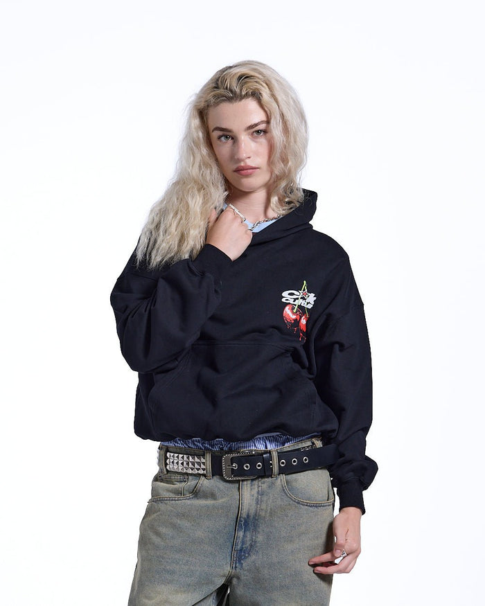 CHERRY HOODIE BLACK - black graphic print hoodie, front view on female model - Cold Culture #woman