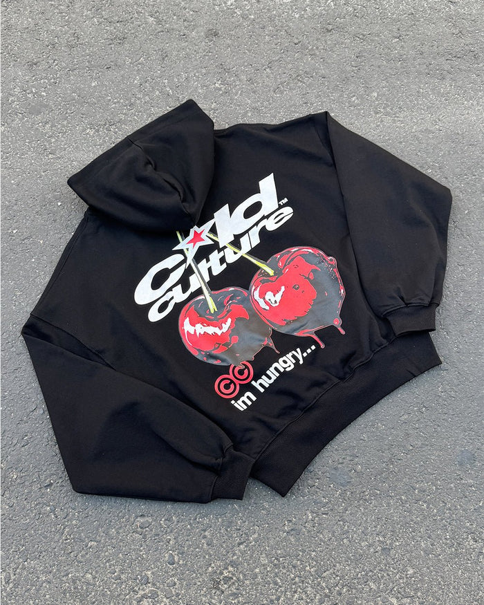 CHERRY HOODIE BLACK - black graphic print hoodie, flat lay - Cold Culture