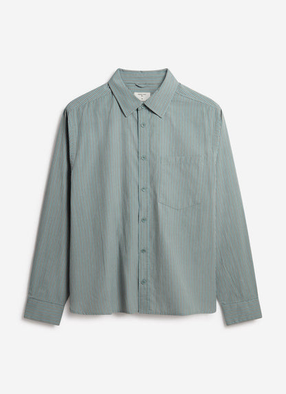 Percival Clancy Striped Long Sleeve Shirt in blue, a cotton blend with a chest pocket, shot flat against a white background.