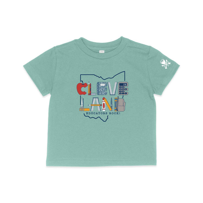 Teal t-shirt with colorful graphic design on a white background