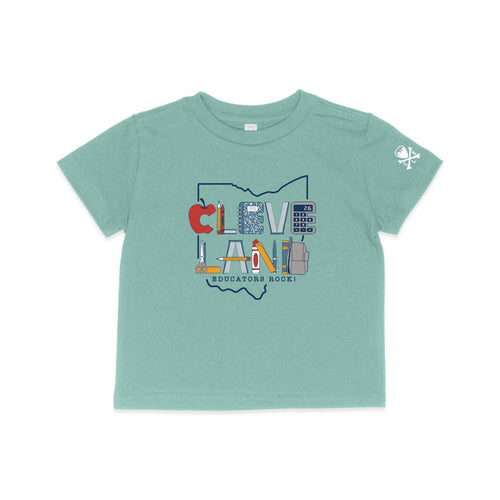 Teal t-shirt with colorful graphic design on a white background