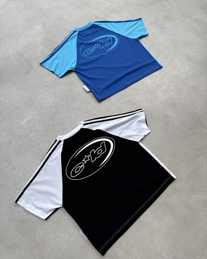 COMBO TEE BLUE - two-tone blue raglan tee, flat lay with matching pieces - Cold Culture