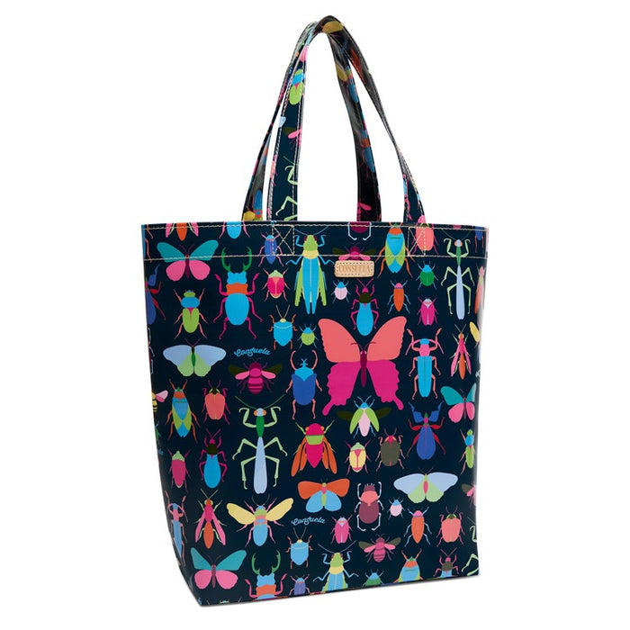 black tote with butterflies and spring bugs