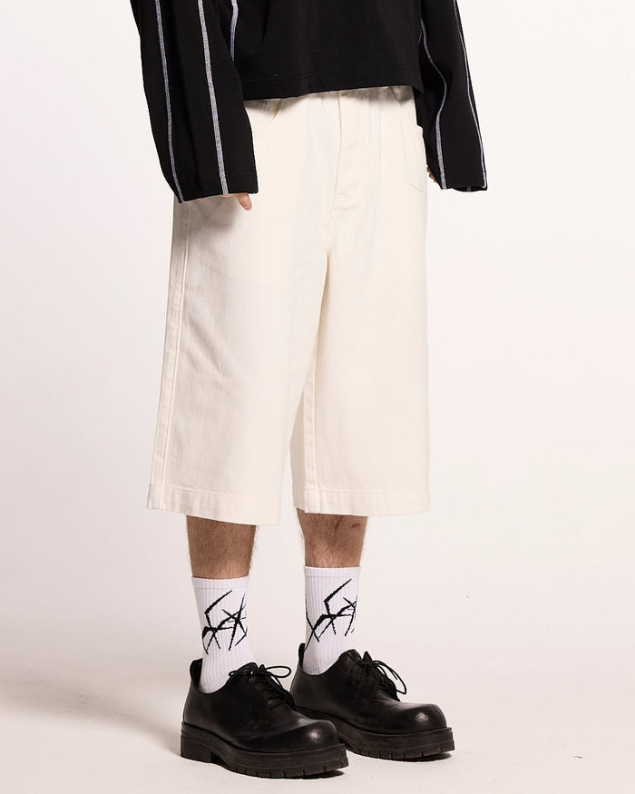 COWBOY SHORTS WHITE - white denim shorts, front view on male model - Cold Culture #man