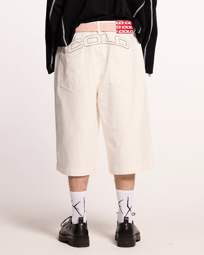 COWBOY SHORTS WHITE - white denim shorts, back view on male model - Cold Culture #man