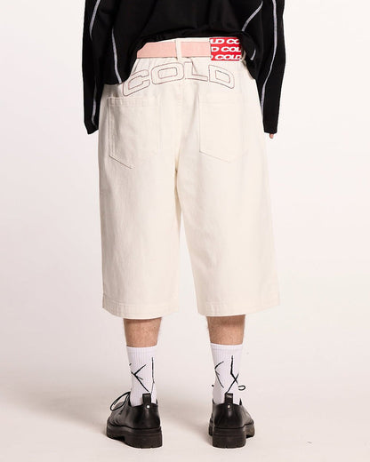 COWBOY SHORTS WHITE - white denim shorts, back view on male model - Cold Culture #man