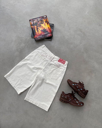 COWBOY SHORTS WHITE - white denim shorts, flat lay - Cold Culture