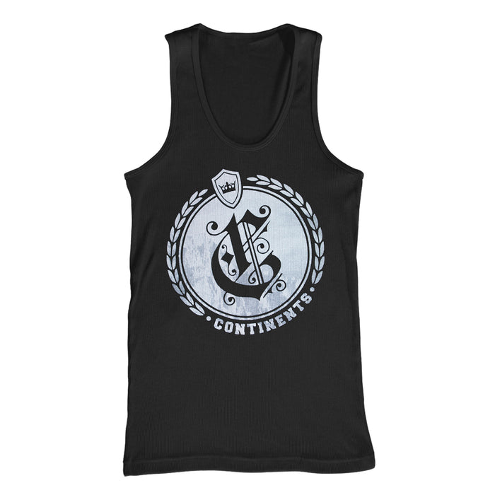 This black Continents tank top has a large ornate C centered within a laurel wreath and small shield, with CONTINENTS curved along the bottom of the design.
