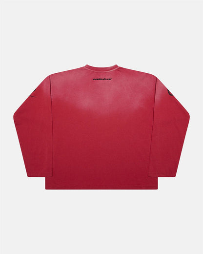 CROSSED SCRIPT LONGSLEEVE RED - washed red script print longsleeve tee, back view - Cold Culture