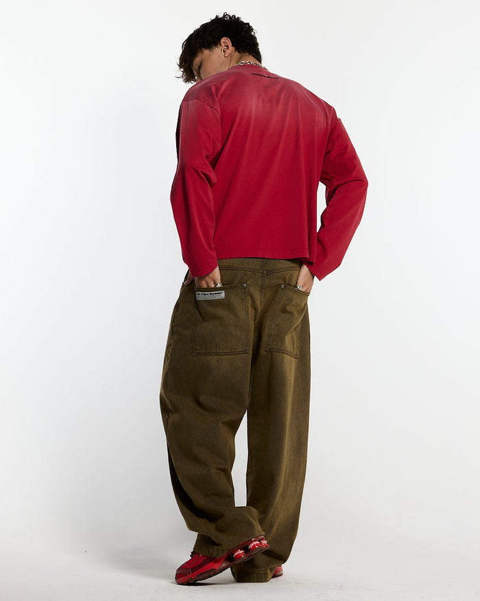 CROSSED SCRIPT LONGSLEEVE RED - washed red script print longsleeve tee, back view on male model - Cold Culture #man