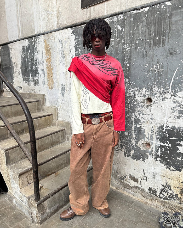 CROSSED SCRIPT LONGSLEEVE RED - washed red script print longsleeve tee, street style shot - Cold Culture