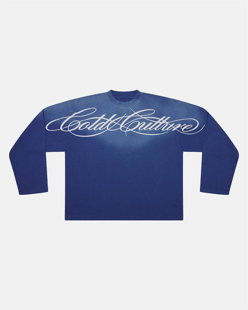 CROSSED SCRIPT LONGSLEEVE VIBRANT BLUE - washed blue script print longsleeve tee, front view - Cold Culture