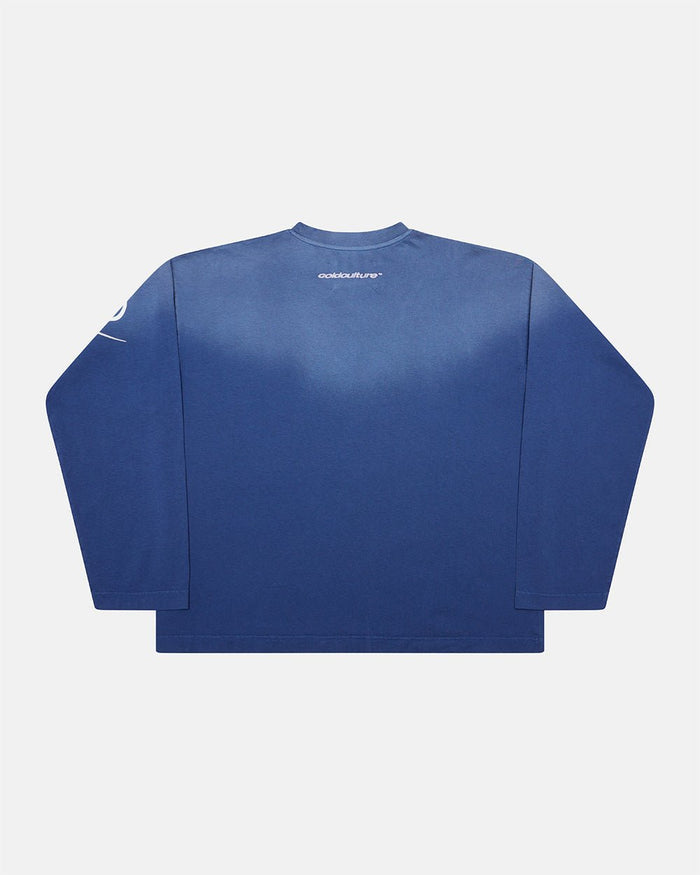 CROSSED SCRIPT LONGSLEEVE VIBRANT BLUE - washed blue script print longsleeve tee, back view - Cold Culture