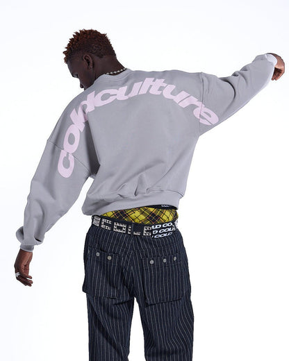 CURVED CREWNECK GREY - grey oversized crewneck sweatshirt, back view on male model - Cold Culture #man