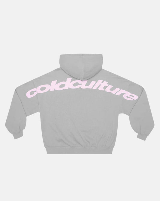 CURVED HOODIE GREY - grey logo print hoodie, back view - Cold Culture