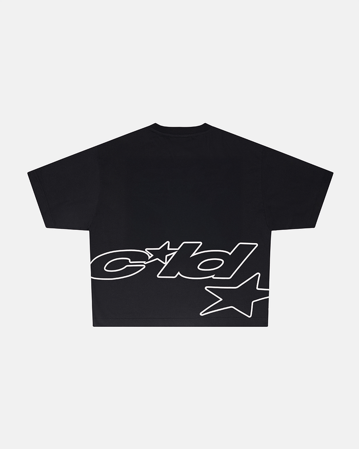 DEFENSE TEE BLACK - black oversized tee, back view - Cold Culture