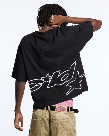 DEFENSE TEE BLACK - black oversized tee, back view on male model - Cold Culture #man