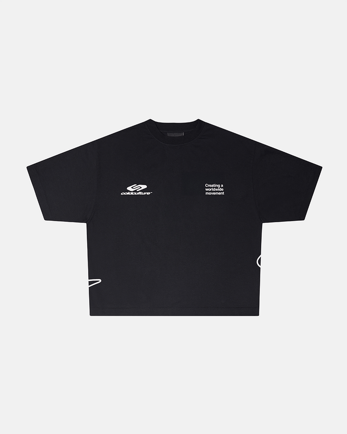 DEFENSE TEE BLACK - black oversized tee, front view - Cold Culture