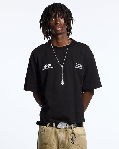 DEFENSE TEE BLACK - black oversized tee, front view on male model - Cold Culture #man
