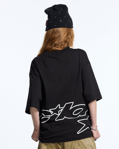 DEFENSE TEE BLACK - black oversized tee, back view on female model - Cold Culture #woman