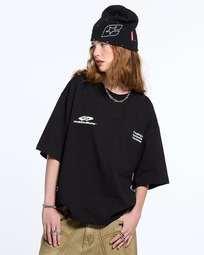 DEFENSE TEE BLACK - black oversized tee, front view on female model - Cold Culture #woman
