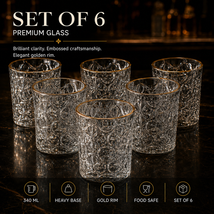 Delisoga set of 6 embossed clear drinking glasses with elegant gold rim, 340ml capacity for water, juice, whisky, cocktails, and everyday beverages.