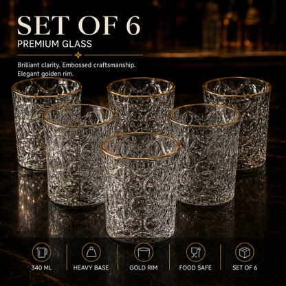 Delisoga set of 6 embossed clear drinking glasses with elegant gold rim, 340ml capacity for water, juice, whisky, cocktails, and everyday beverages.
