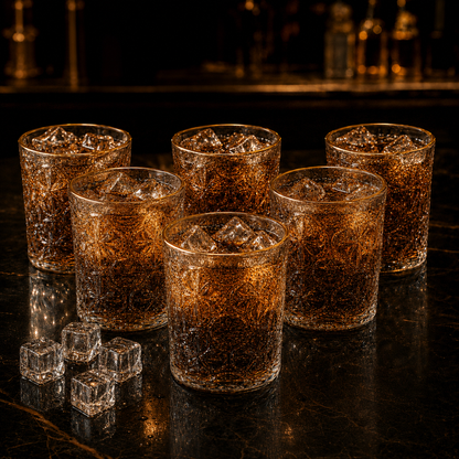 Delisoga set of 6 embossed clear drinking glasses with elegant gold rim, 340ml capacity for water, juice, whisky, cocktails, and everyday beverages.