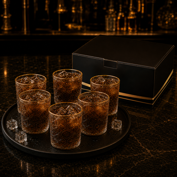 Delisoga set of 6 embossed clear drinking glasses with elegant gold rim, 340ml capacity for water, juice, whisky, cocktails, and everyday beverages.