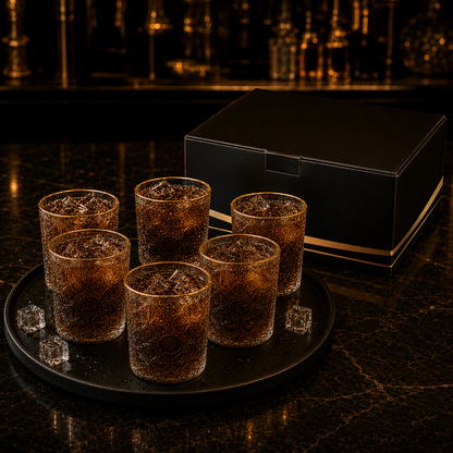 Delisoga set of 6 embossed clear drinking glasses with elegant gold rim, 340ml capacity for water, juice, whisky, cocktails, and everyday beverages.