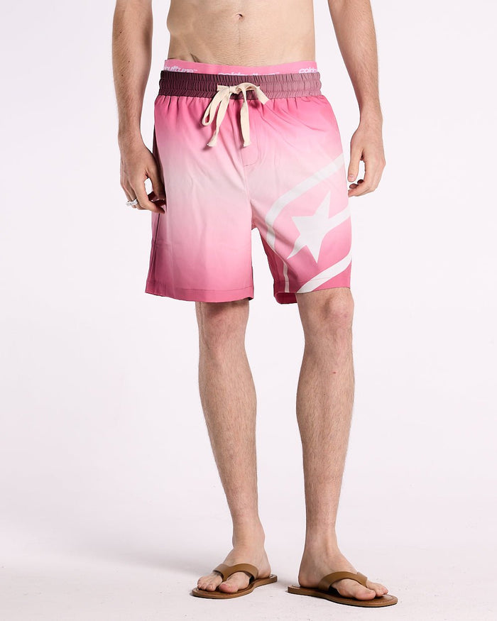 DOUBLE WAIST SWIM SHORTS GRADIENT PINK - pink gradient swim shorts, front view on male model - Cold Culture