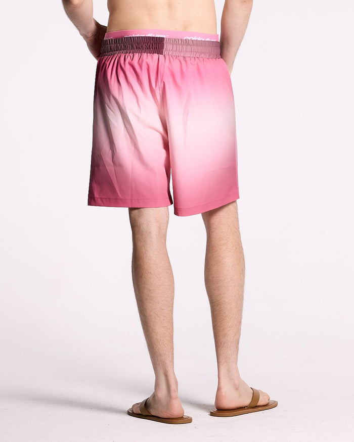 DOUBLE WAIST SWIM SHORTS GRADIENT PINK - pink gradient swim shorts, back view on male model - Cold Culture