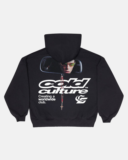 DRIVING MIRROR HOODIE BLACK - black graphic print hoodie, back view - Cold Culture