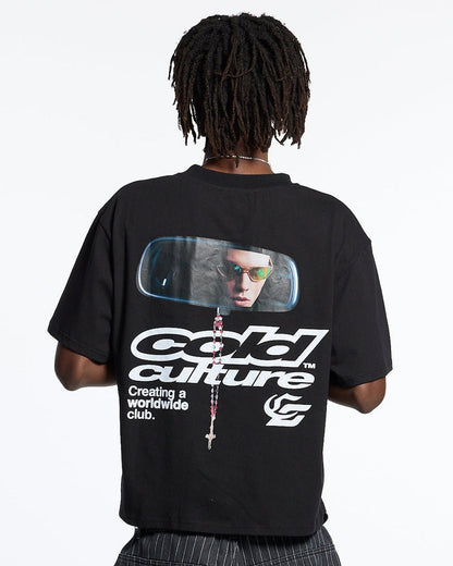 DRIVING MIRROR TEE BLACK - black graphic print tee, back view on male model - Cold Culture #man