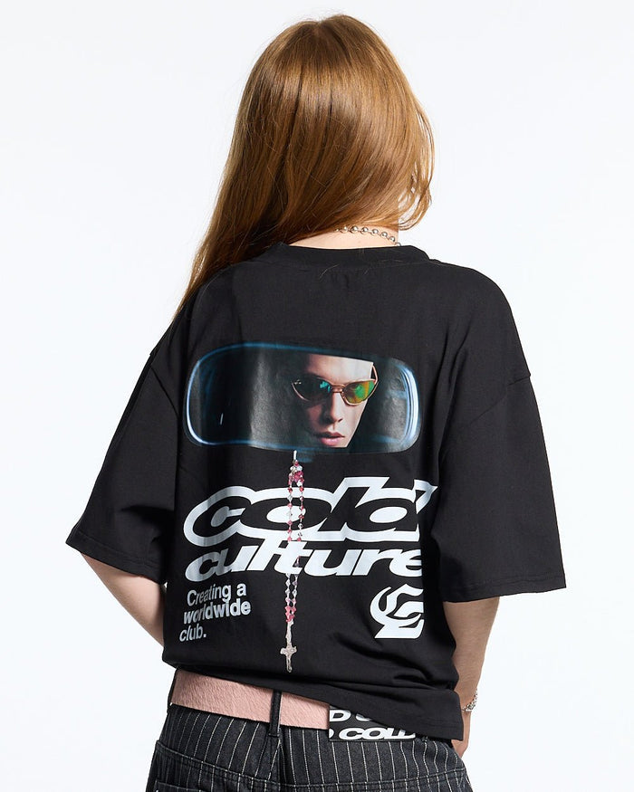 DRIVING MIRROR TEE BLACK - black graphic print tee, back view on female model - Cold Culture #woman