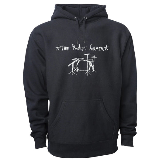 A black pullover hoodie by The Rocket Summer featuring a white drum set graphic and handwritten-style logo above it. Made from soft cotton/poly fleece, it includes a front pocket and drawstring hood for comfort.