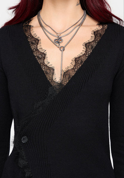 Eirla Lace Trim Wrap Over Knit Cardigan