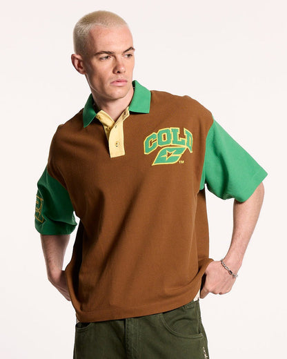 ELLIOT POLO BROWN - brown colorblock polo shirt, front view on male model - Cold Culture #man
