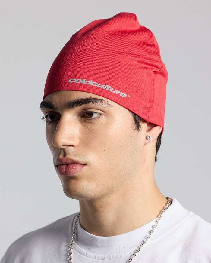 FLASH BEANIE RED - red beanie, on model close-up - Cold Culture #man