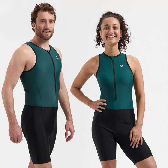 Rogelli Florida triathlonpak zonder mouwen zwart en donkergroen man en vrouw gedragen voorkant.