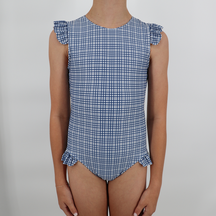 girls newport navy gingham ruffle cap sleeve one piece