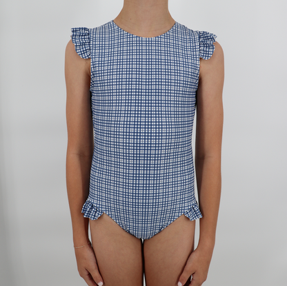 girls newport navy gingham ruffle cap sleeve one piece