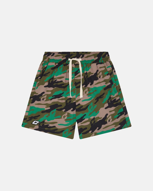 GREEN CAMO SWIM SHORT - green camo swim shorts, front view - Cold Culture